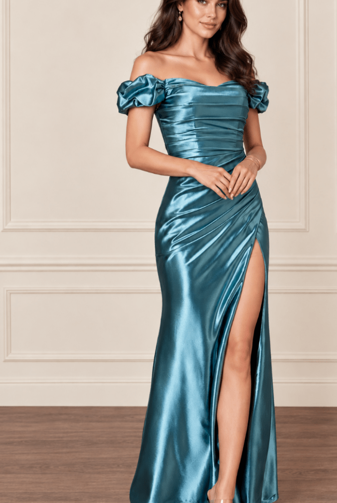 Amenza Fitted Gathered Satin Gown - Madmoizelle Closet