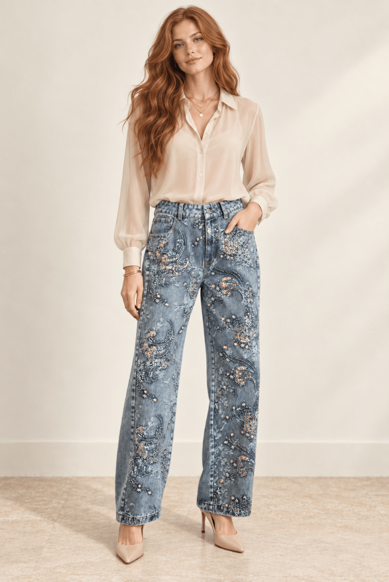 Cecilia Embellished Denim Pants - Madmoizelle Closet
