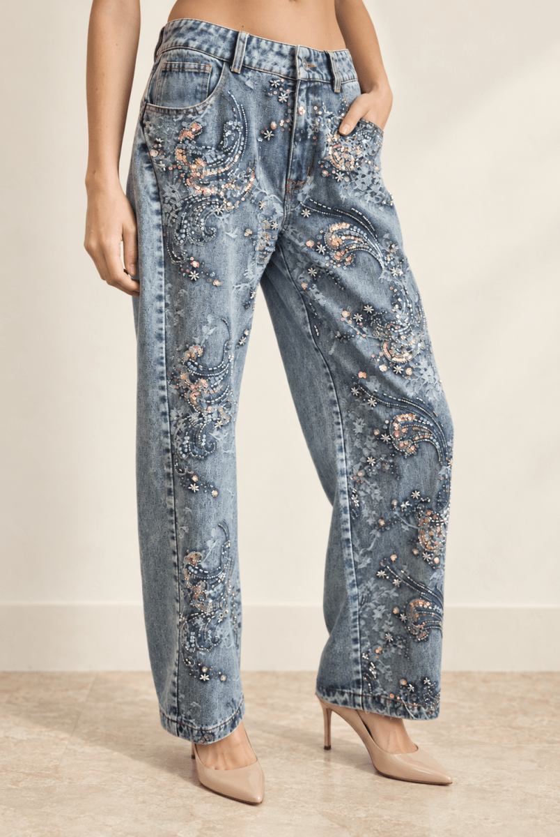 Cecilia Embellished Denim Pants - Madmoizelle Closet