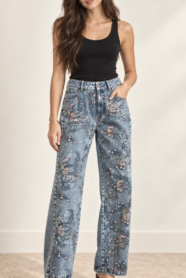 Cecilia Embellished Denim Pants - Madmoizelle Closet