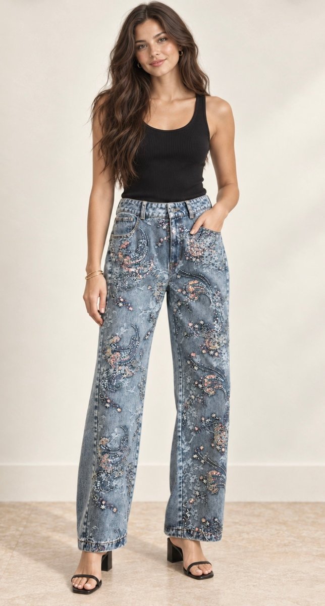 Cecilia Embellished Denim Pants - Madmoizelle Closet