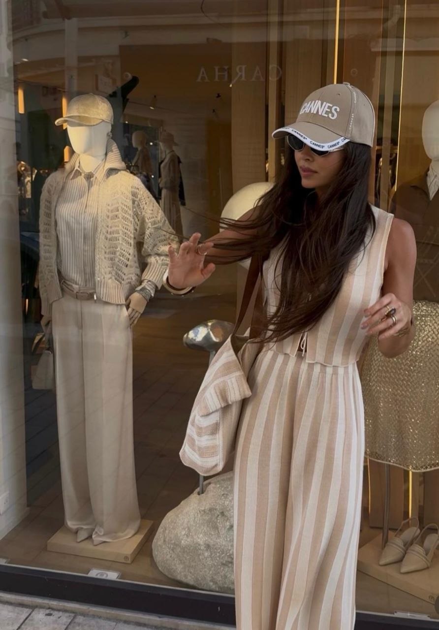 Coastal Sand Stripe Set styled outside a boutique storefront with a Cannes cap - Madmoizelle Closet