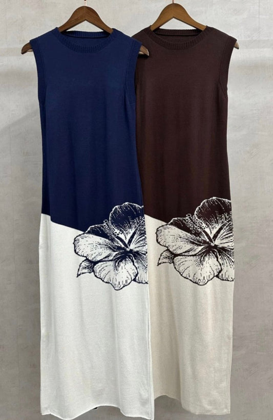 Floral Contrast Knit Dress - Madmoizelle Closet