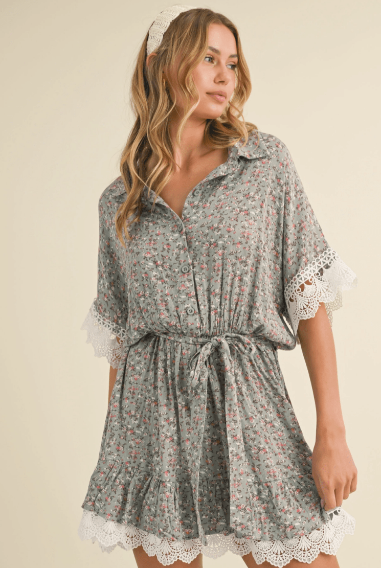Lace Trim Floral Mini Dress - Madmoizelle Closet