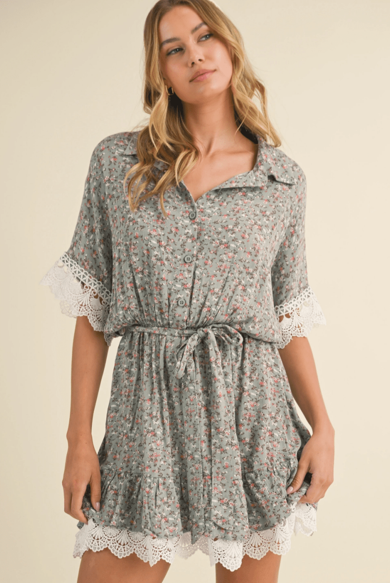 Lace Trim Floral Mini Dress - Madmoizelle Closet