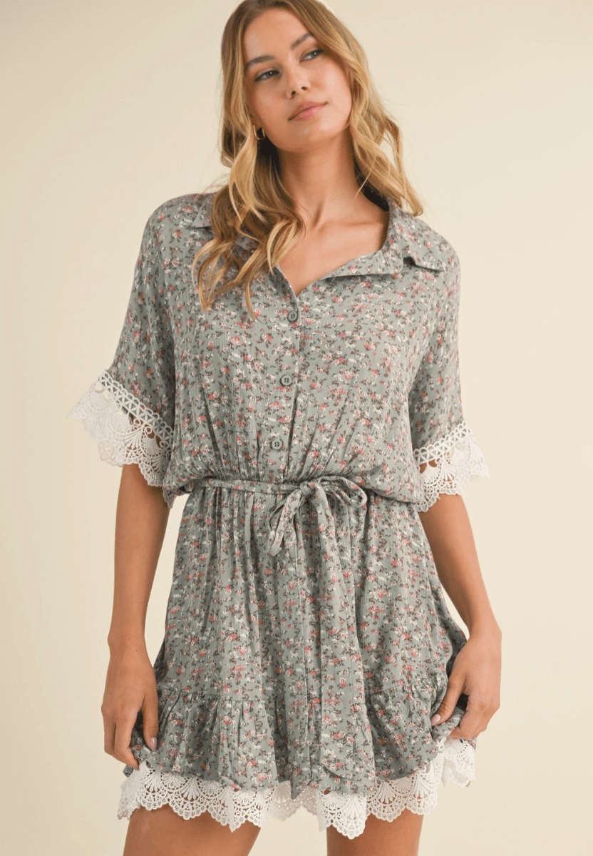 Lace Trim Floral Mini Dress - Madmoizelle Closet