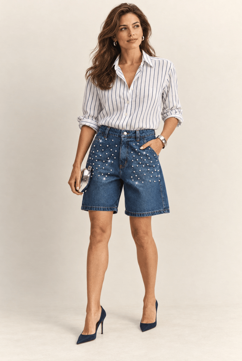 Marina Embellished Denim Bermuda - Madmoizelle Closet