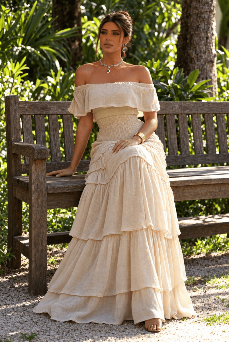 Monique Beige Tiered Maxi Dress - Madmoizelle Closet