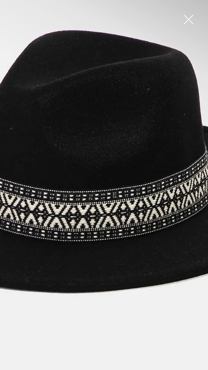 Noir Tribal Fedora Hat, close-up view