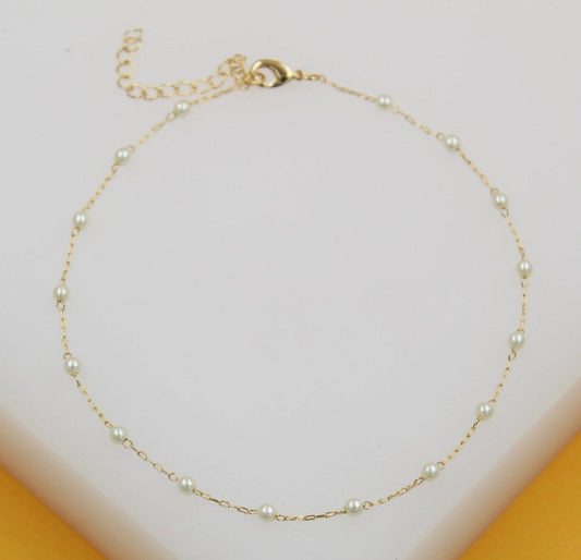 Sabrina 18K Gold Filled Pearl Bead Cable Link Anklet - Madmoizelle Closet