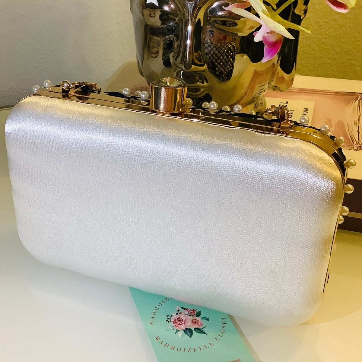 Davila embellished pearl Blue clutch - Madmoizelle Closet