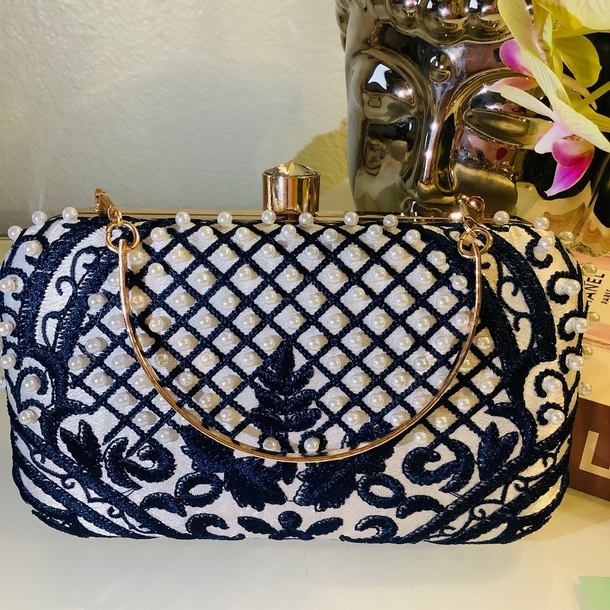 Davila embellished pearl Blue clutch - Madmoizelle Closet