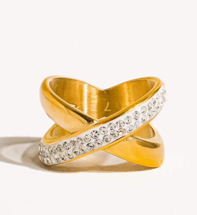 Bianca 18K Gold Non - Tarnish X Rhinestone Ring - Madmoizelle Closet