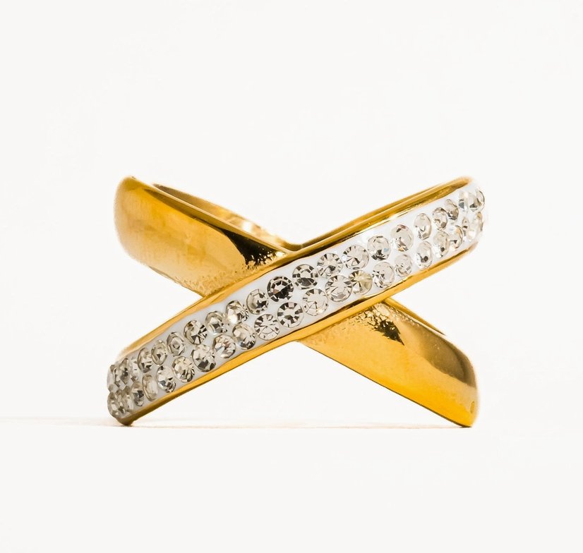 Bianca 18K Gold Non - Tarnish X Rhinestone Ring - Madmoizelle Closet