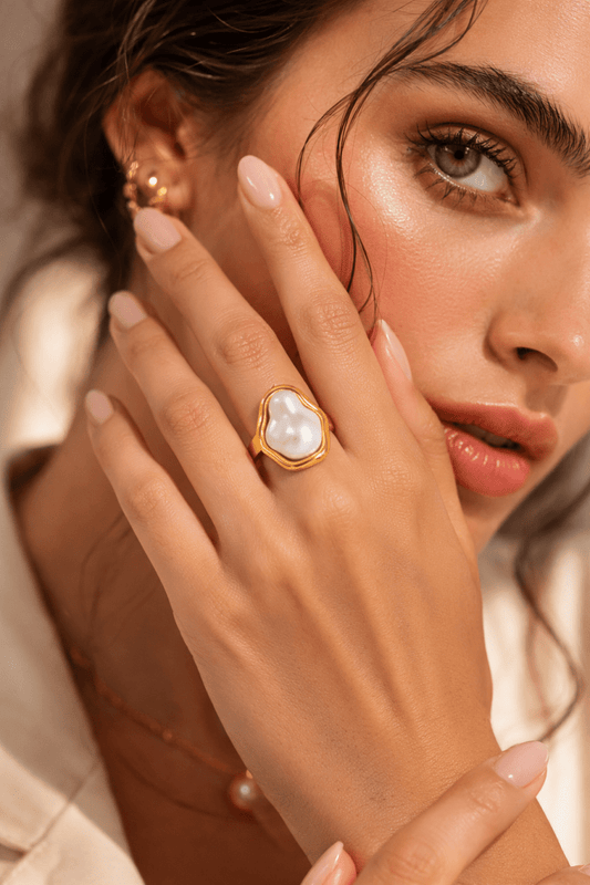 Cameron 18K Gold Non - Tarnish Classic Pearl Round Ring - Madmoizelle Closet