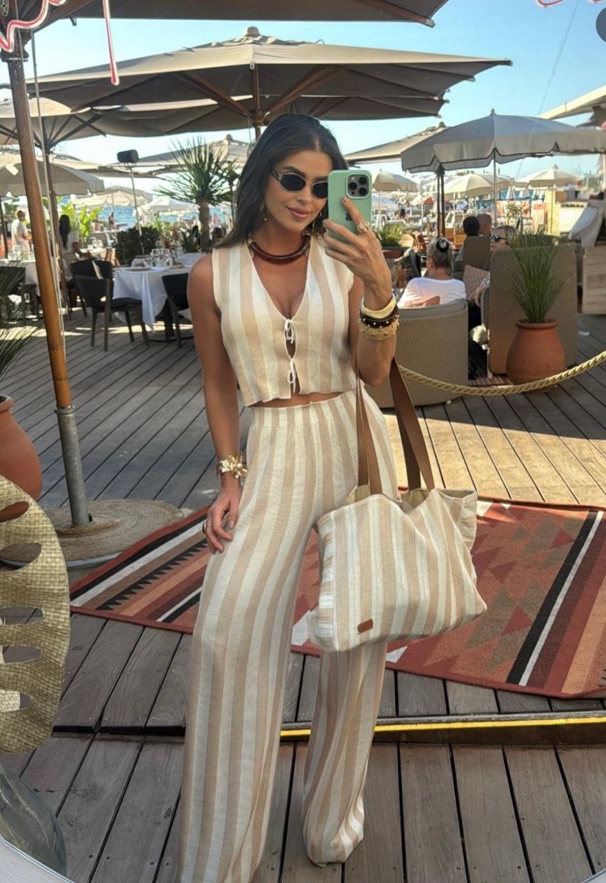 Coastal Sand Stripe Set styled at a seaside beach club with matching striped tote - Madmoizelle Closet