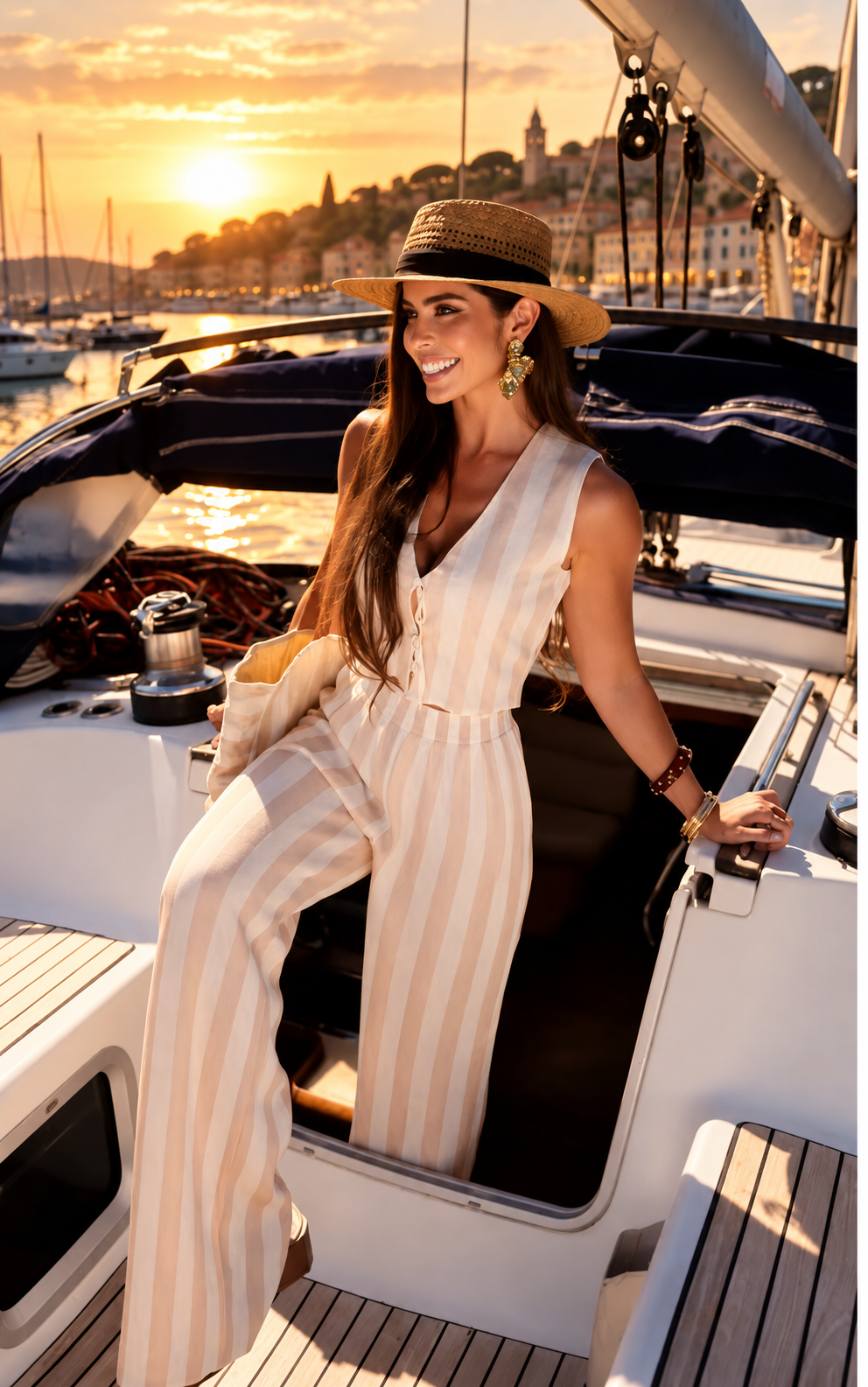AI-generated editorial preview of the sand striped two-piece set; garment details may differ.