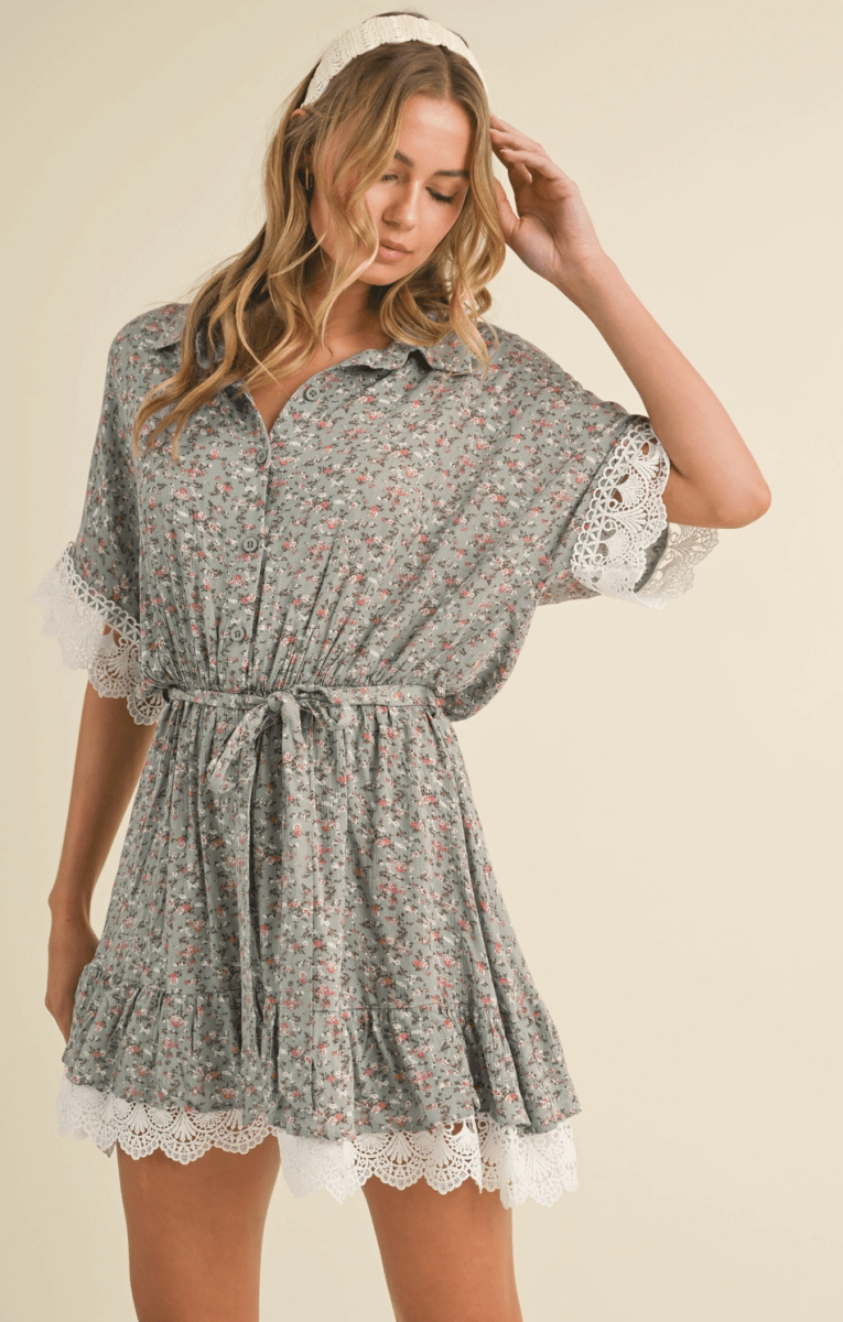 Lace Trim Floral Mini Dress - Madmoizelle Closet
