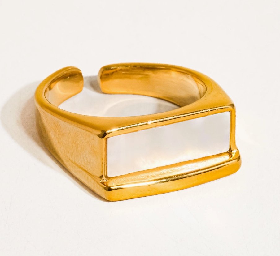 Lena 18K Gold Non - Tarnish Rectangle Shell Statement Ring - Madmoizelle Closet