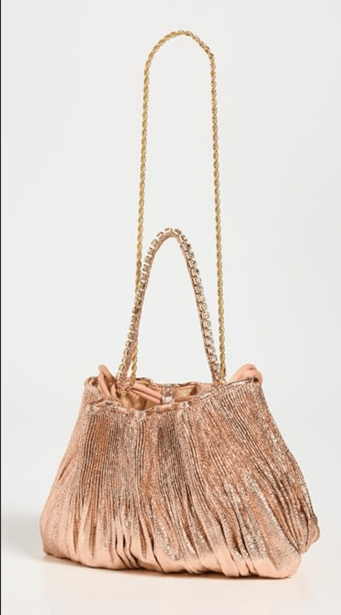 Loeffler Randall Women's Layne Pleated Handheld Clutch with Rhinestone Strap, Dune, Pink, Metallic, One Size - Madmoizelle Closet