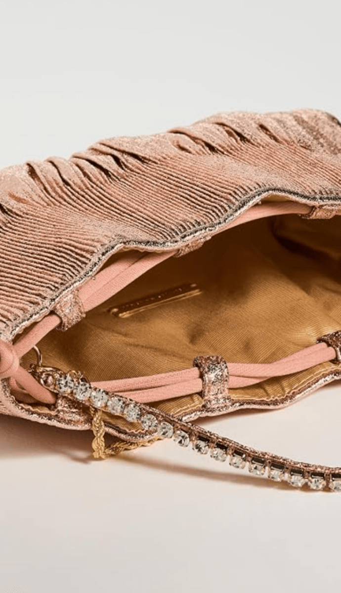 Loeffler Randall Women's Layne Pleated Handheld Clutch with Rhinestone Strap, Dune, Pink, Metallic, One Size - Madmoizelle Closet