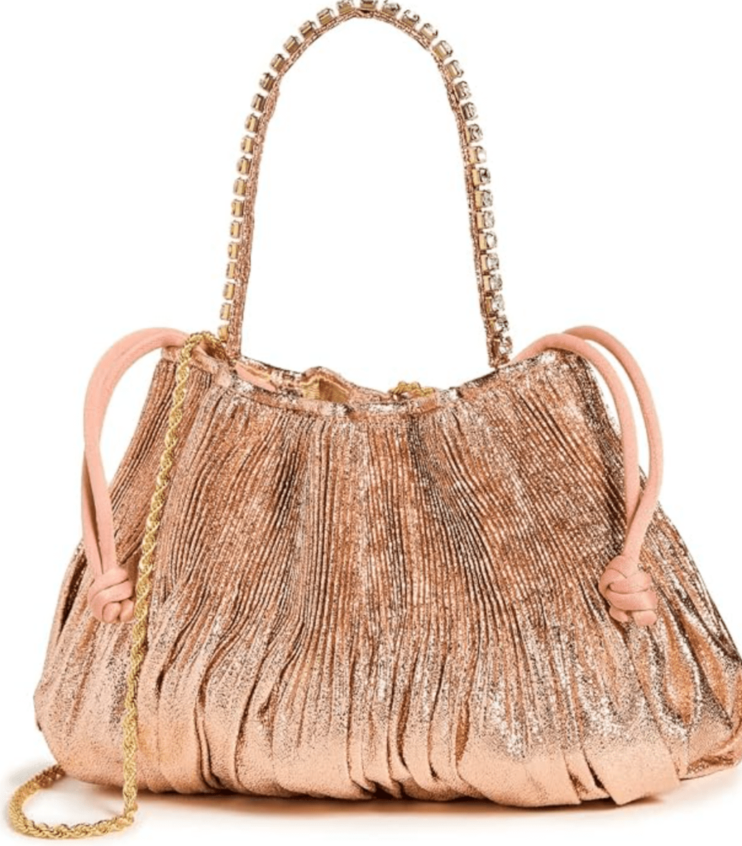 Loeffler Randall Women's Layne Pleated Handheld Clutch with Rhinestone Strap, Dune, Pink, Metallic, One Size - Madmoizelle Closet