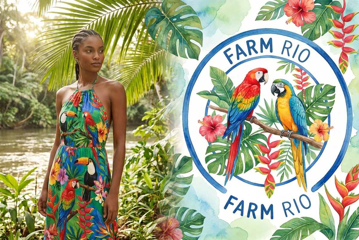 Madmoizelle FARM RIO banner artwork, model and tropical parrot illustration