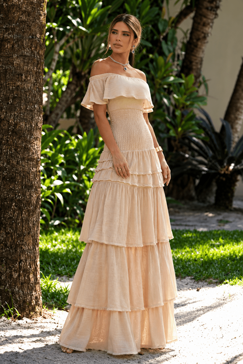 Monique Beige Tiered Maxi Dress - Madmoizelle Closet