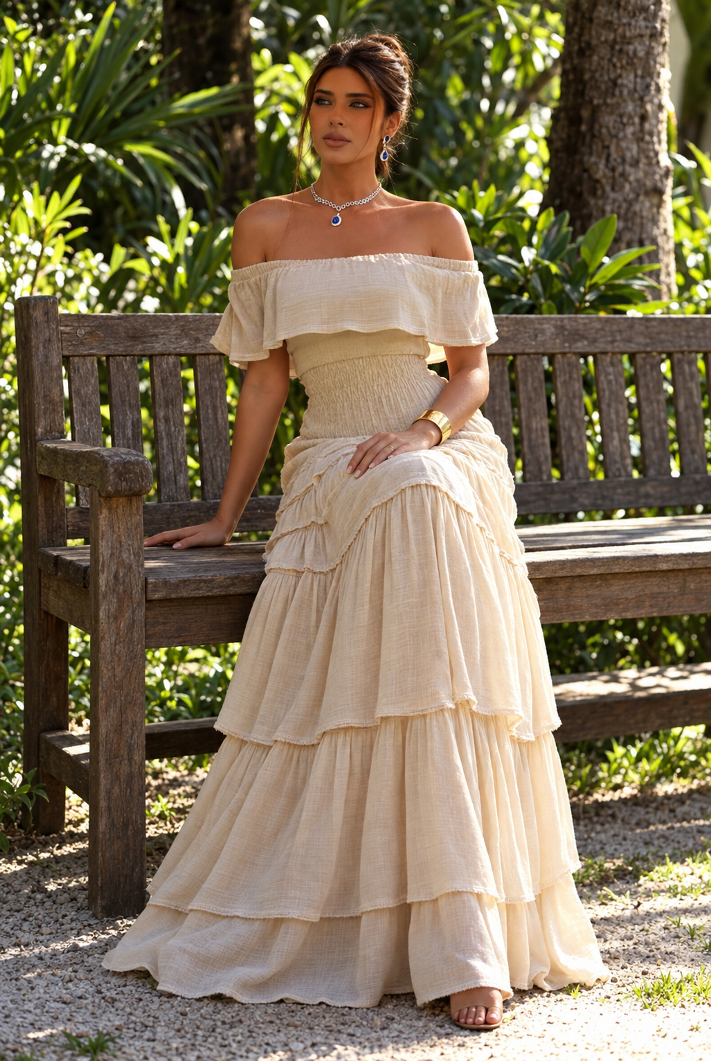 Monique Beige Tiered Maxi Dress, AI-generated seated preview without hat or bag