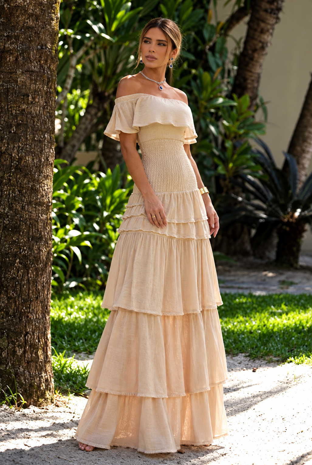 Monique Beige Tiered Maxi Dress, AI-generated standing side preview without hat or bag
