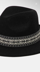 Noir Tribal Fedora Hat, close-up view