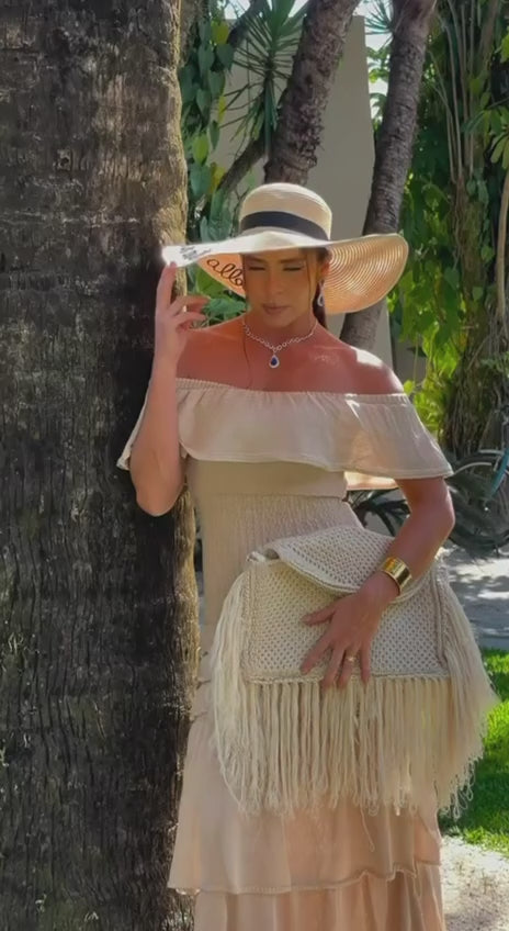 Monique Beige Tiered Maxi Dress worn in motion (bag and hat shown not included)