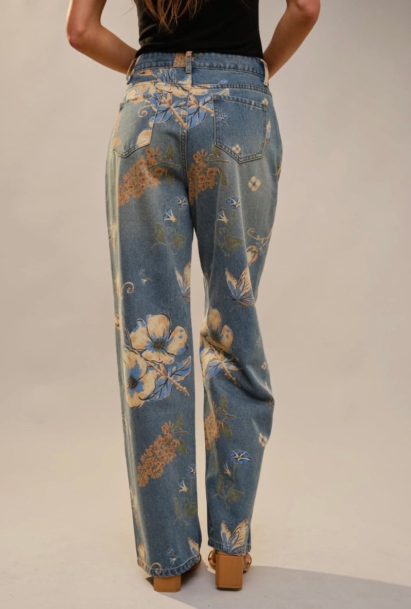 Simara Floral & Butterfly Wide-Leg Jeans - Madmoizelle Closet