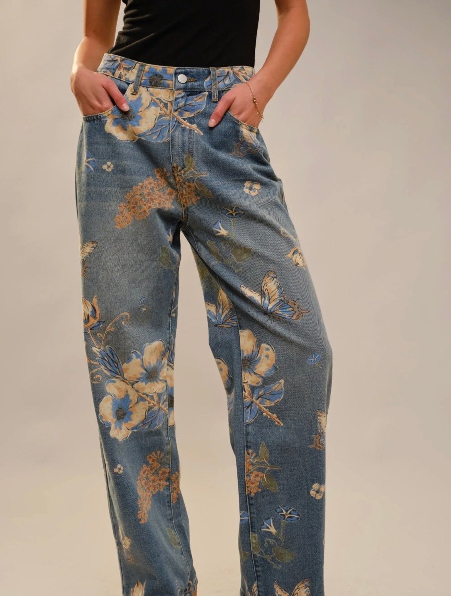 Simara Floral & Butterfly Wide-Leg Jeans - Madmoizelle Closet
