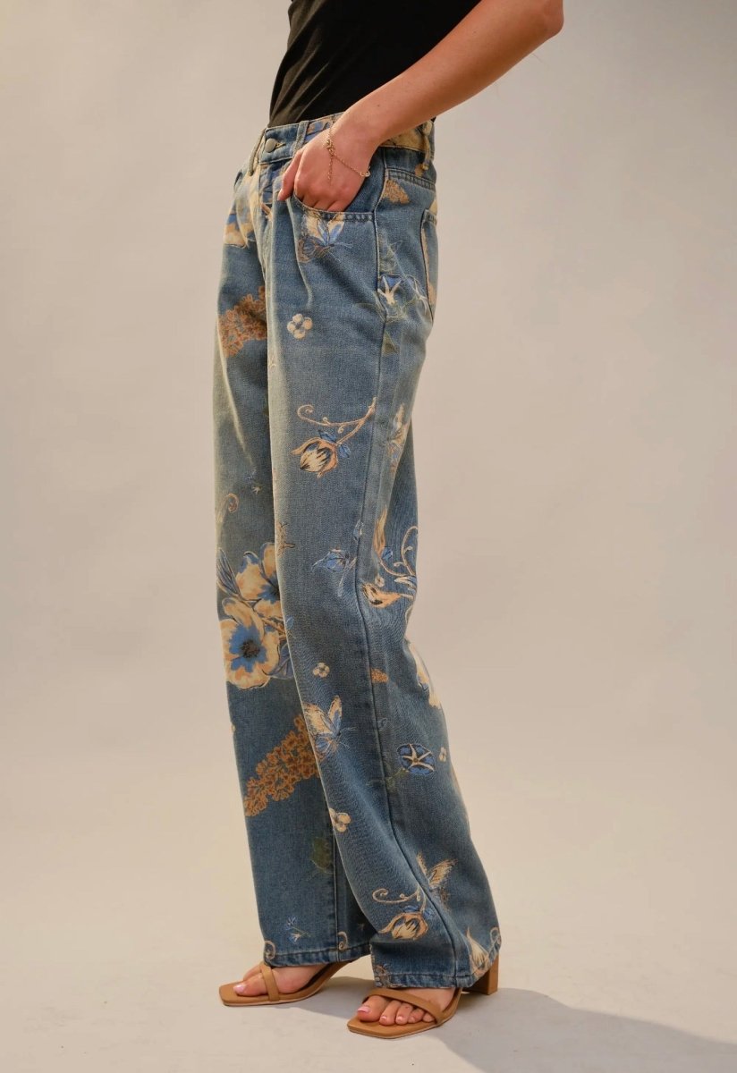 Simara Floral & Butterfly Wide-Leg Jeans - Madmoizelle Closet
