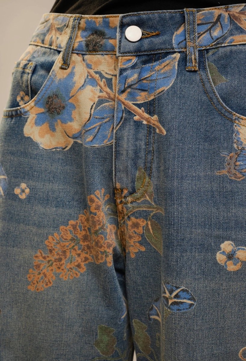 Simara Floral & Butterfly Wide-Leg Jeans - Madmoizelle Closet