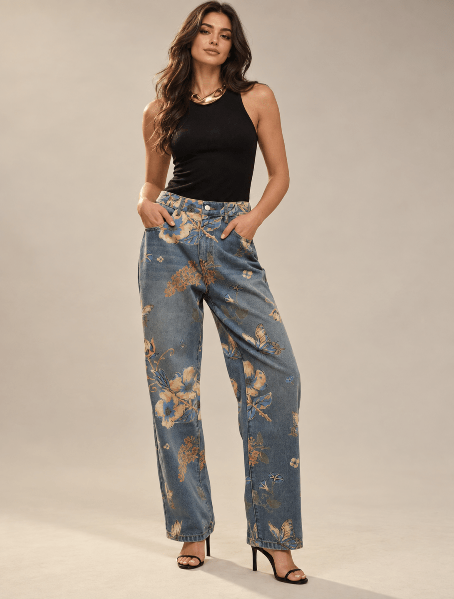 Simara Floral & Butterfly Wide-Leg Jeans - Madmoizelle Closet
