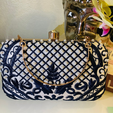Davila embellished pearl Blue clutch - Madmoizelle Closet
