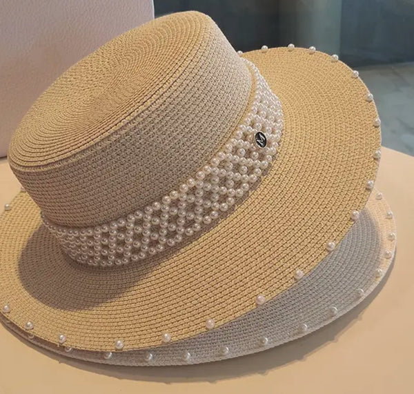 Elsa Straw beach hat with pearl band detail - Madmoizelle Closet